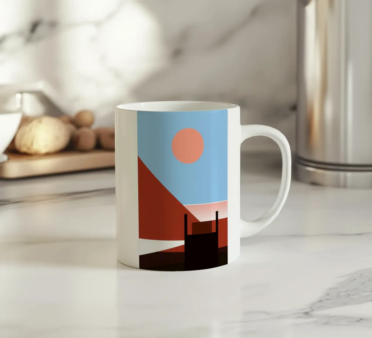 Svalbard - Sole rosso su un'architettura astratta tazza in ceramica da Affiches Minimalistes
