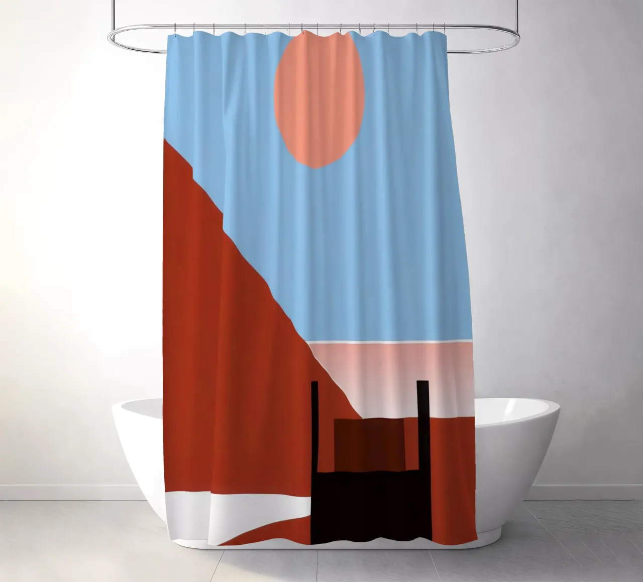 Svalbard - Red sun on abstract architecture shower curtain by Affiches Minimalistes