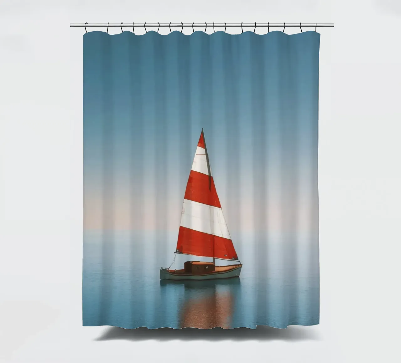 Red and White Sailboat on Calm Sea shower curtain by Indigo Tides Art