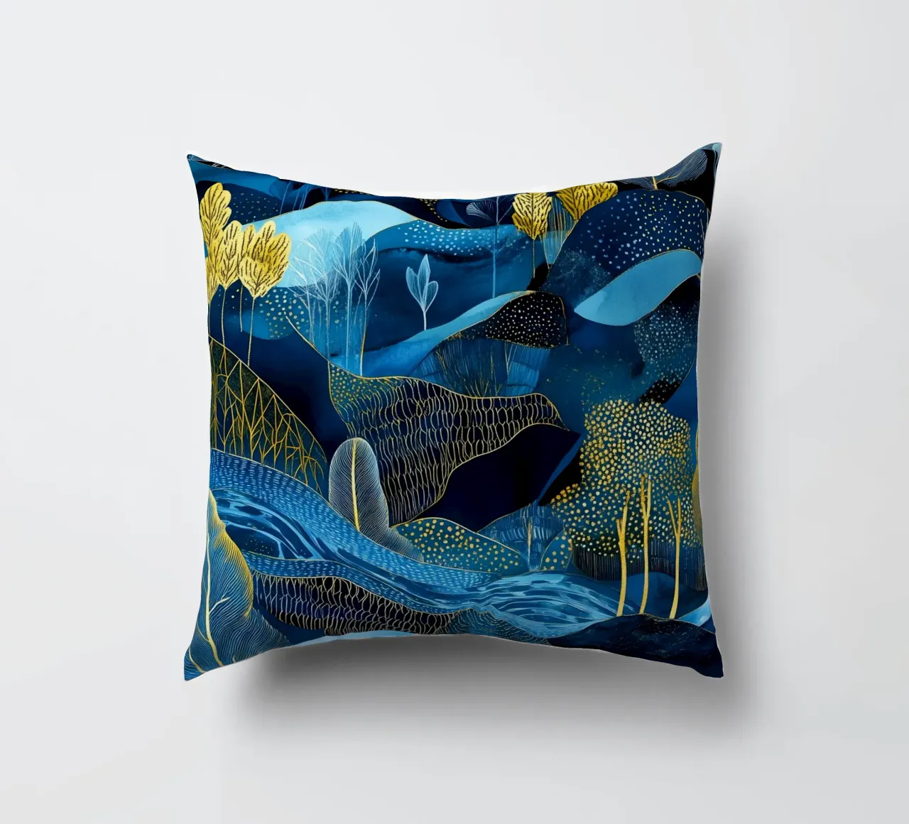 Blue lines landscape decorative cushion by Justyna Jaszke JBJart