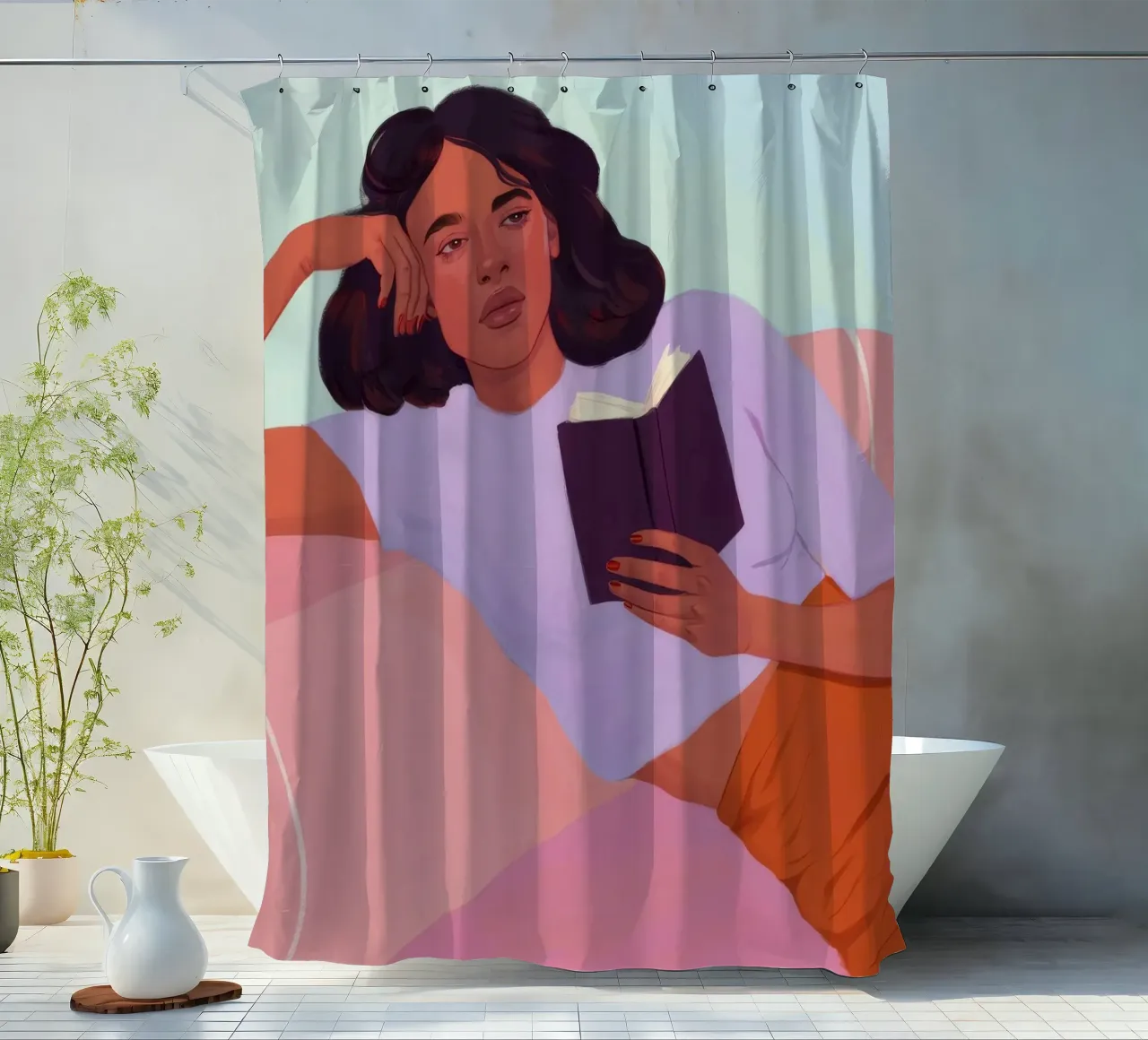Sunset Reading Solace shower curtain by Aurora Muse