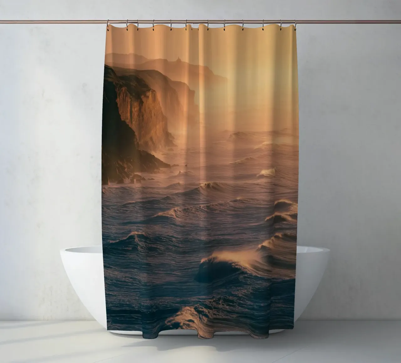 Golden Hour Coastal Cliffs shower curtain by Indigo Tides Art
