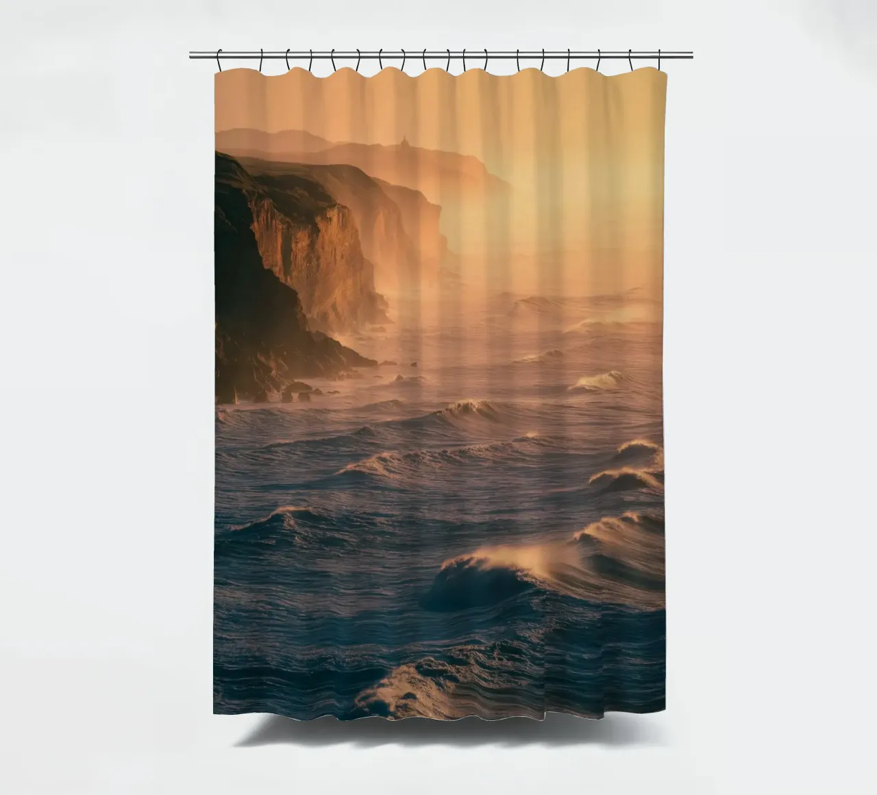 Golden Hour Coastal Cliffs shower curtain by Indigo Tides Art