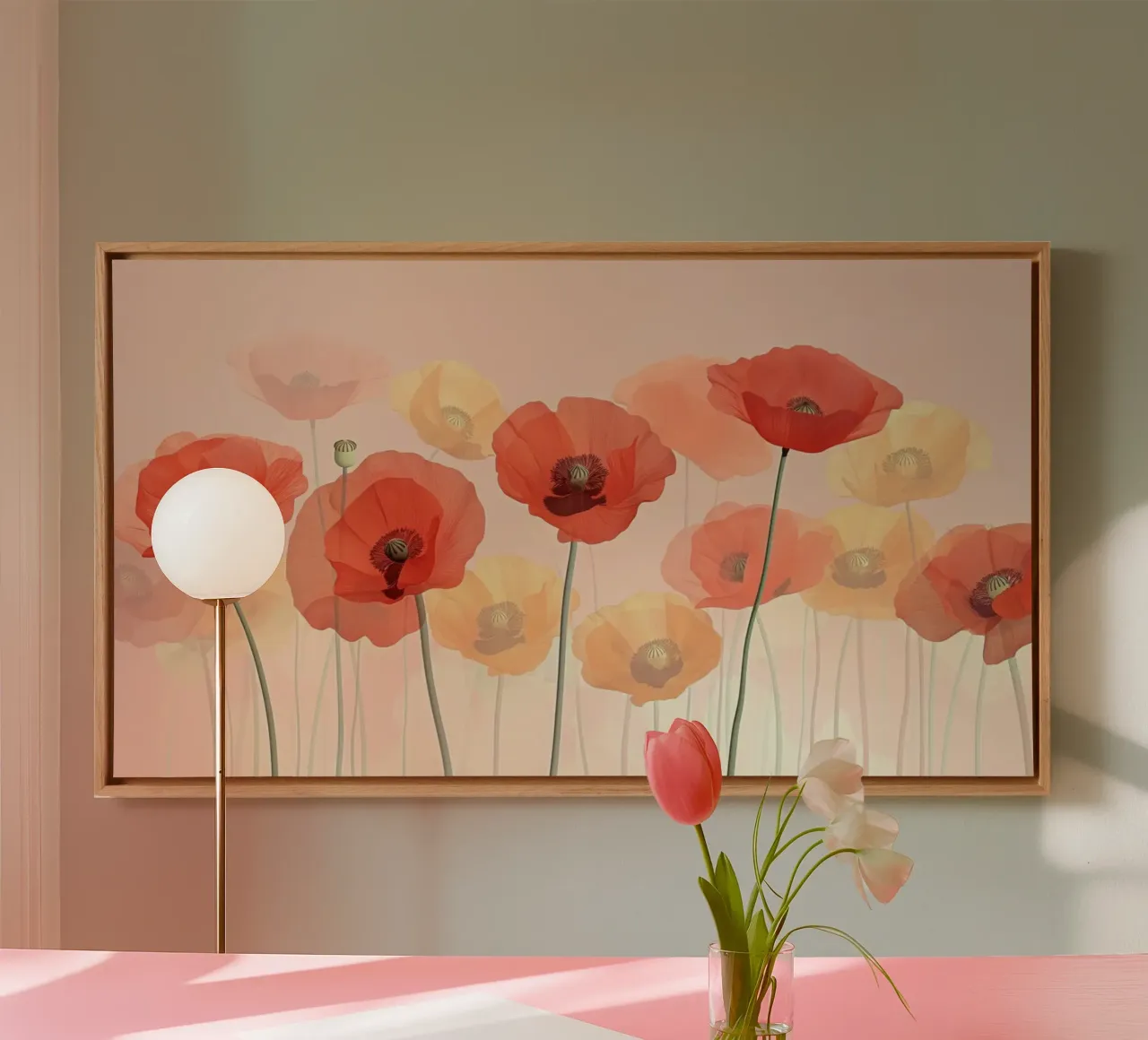 Poppies on soft pink background canvas with Floater frame by Imagine
