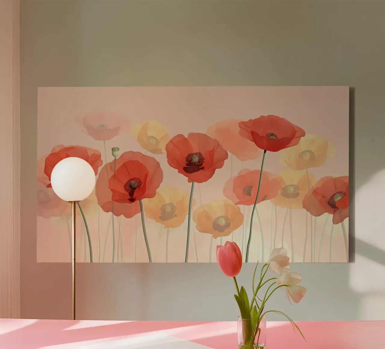 Poppies on soft pink background canvas with Floater frame by Imagine