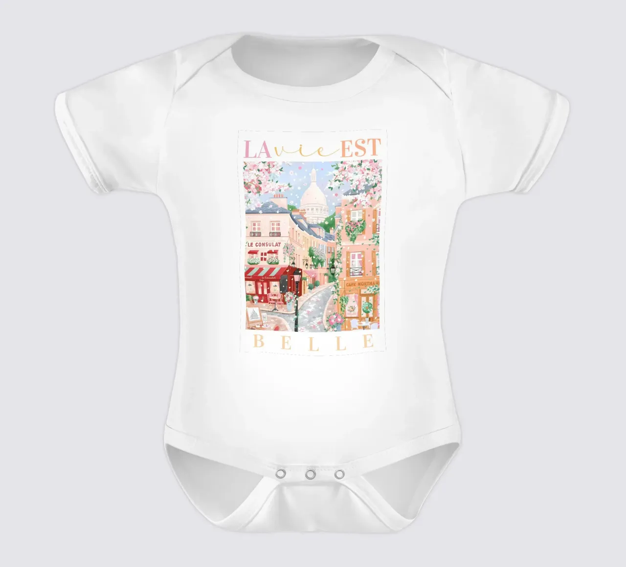 Paris Print, La Vie Est Belle, Franse Reistip Print babyrompertje korte mouwen van Gaia