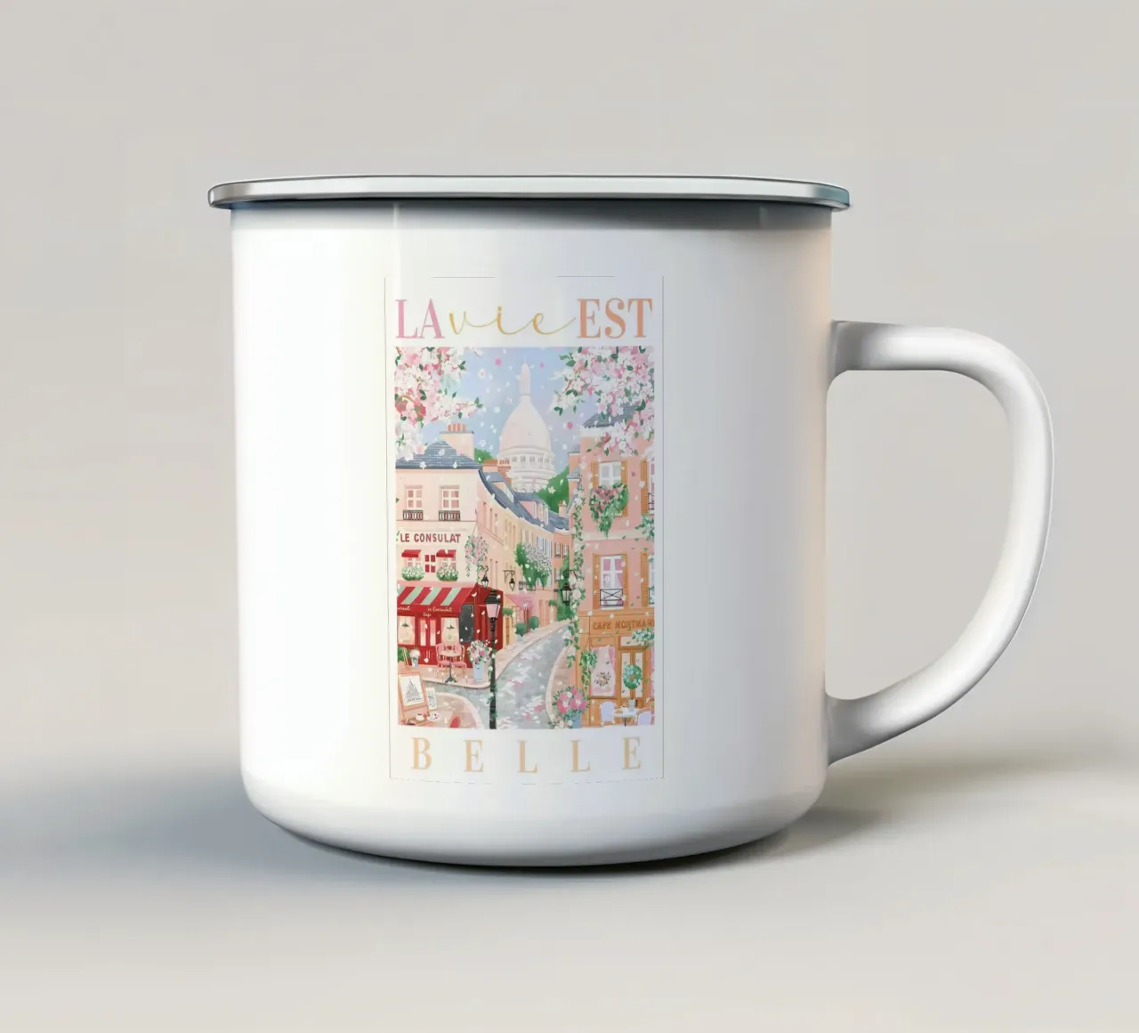 Paris Print, La Vie Est Belle, Franse Reistip Print emaille mok van Gaia