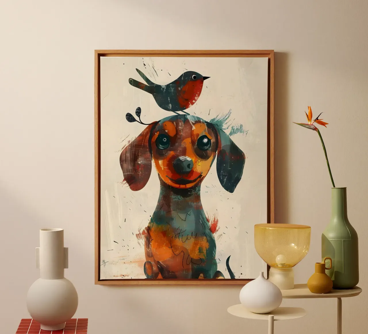 Dackel mit Vogel tela con Cornice a cassetta da WILD ART