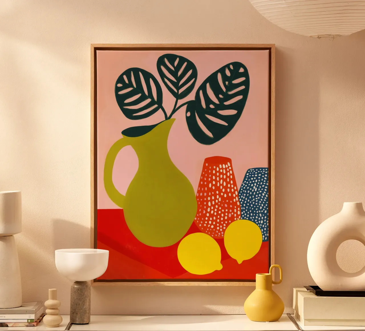 Still life with two lemons and black window leaf canvas with Floater frame by Autofocus