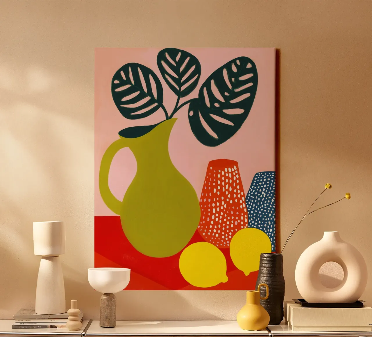 Still life with two lemons and black window leaf canvas with Floater frame by Autofocus