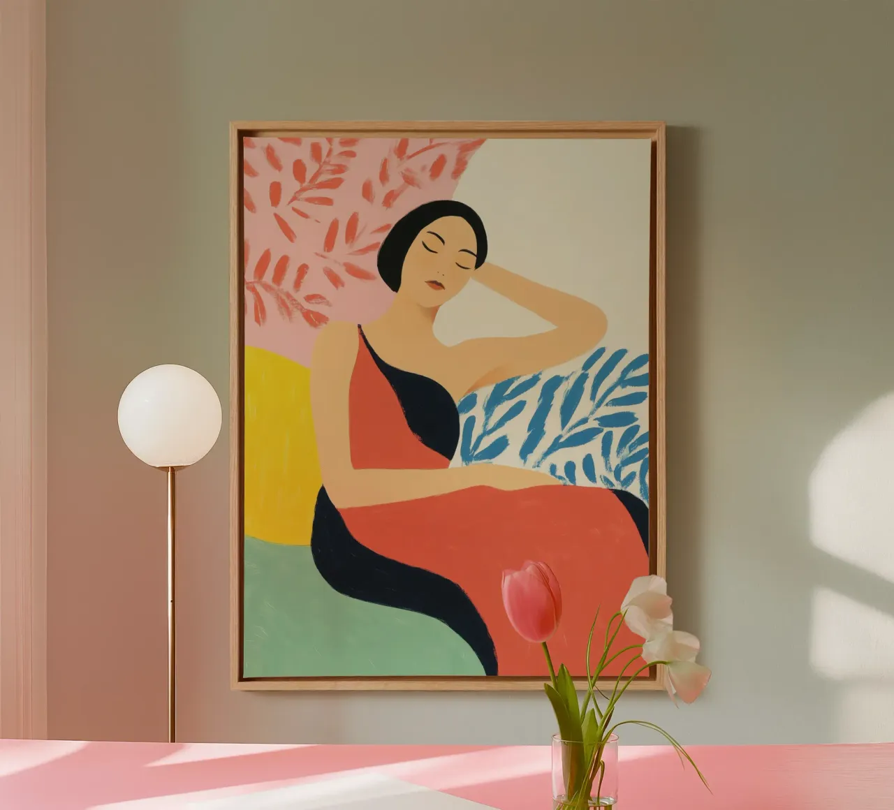 Resting woman with floral patterns canvas with Floater frame by Autofocus
