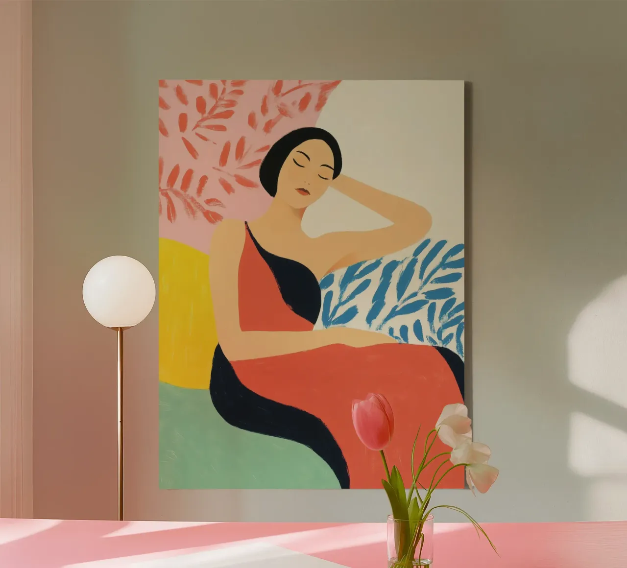 Resting woman with floral patterns canvas with Floater frame by Autofocus