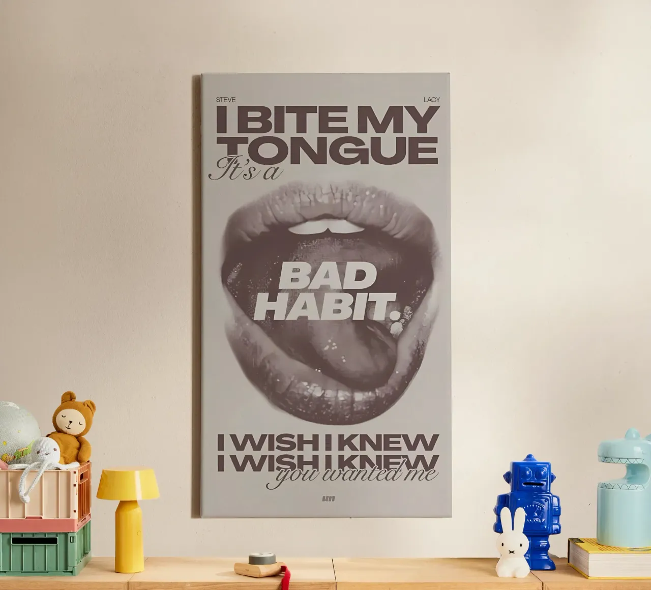 I bite my tongue canvas with Floater frame by Minae
