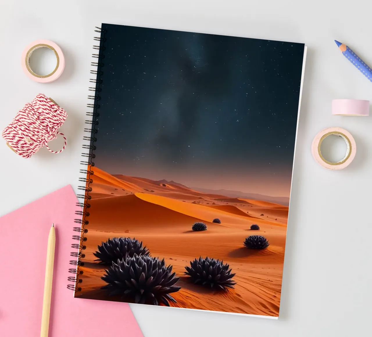 Desert with orange dunes and purple plants spiral notebook by Wild Beauty