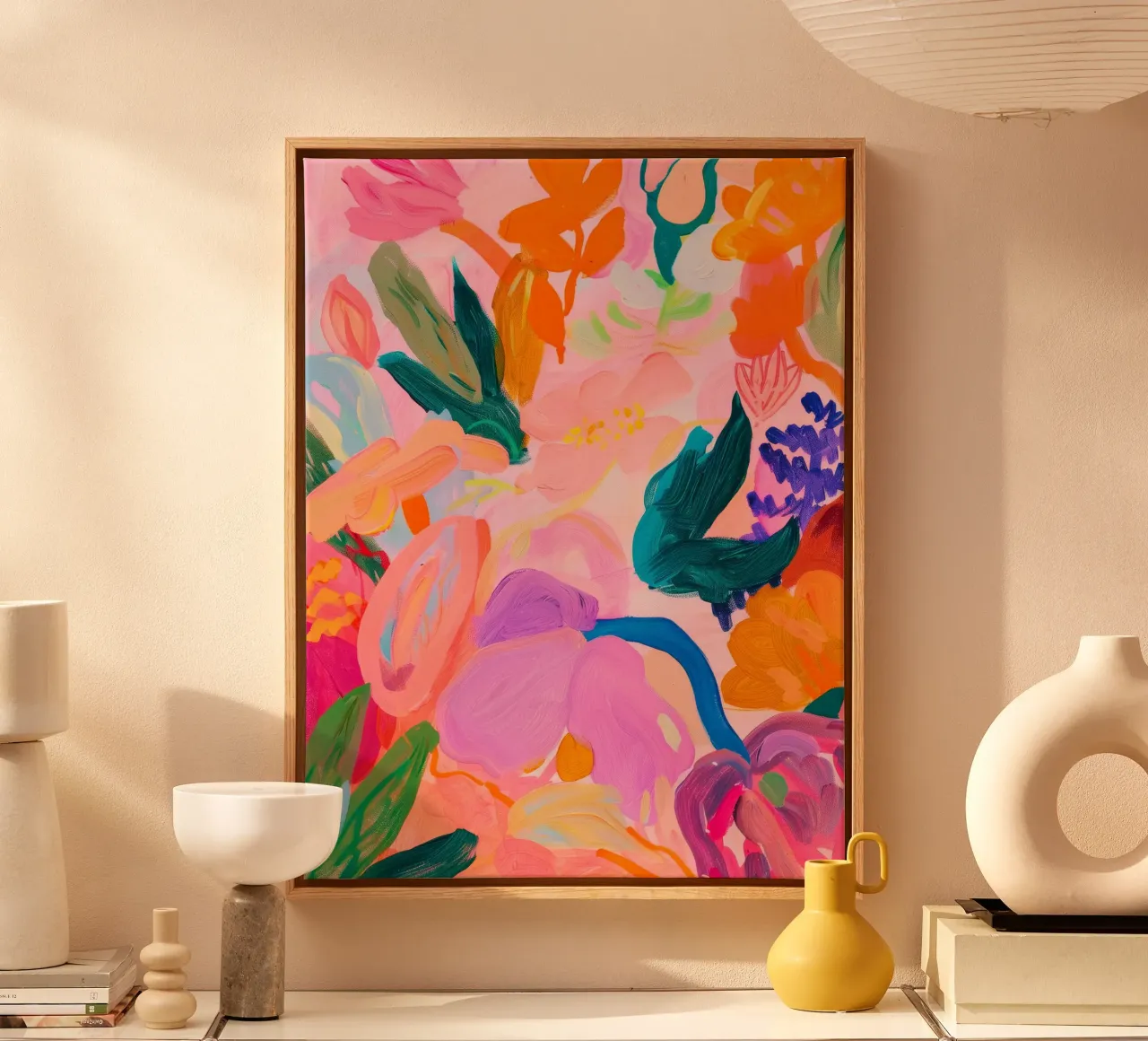 Levendige bloemenprint, kleurrijke abstracte bloemenposter canvas met Baklijst van Boheme