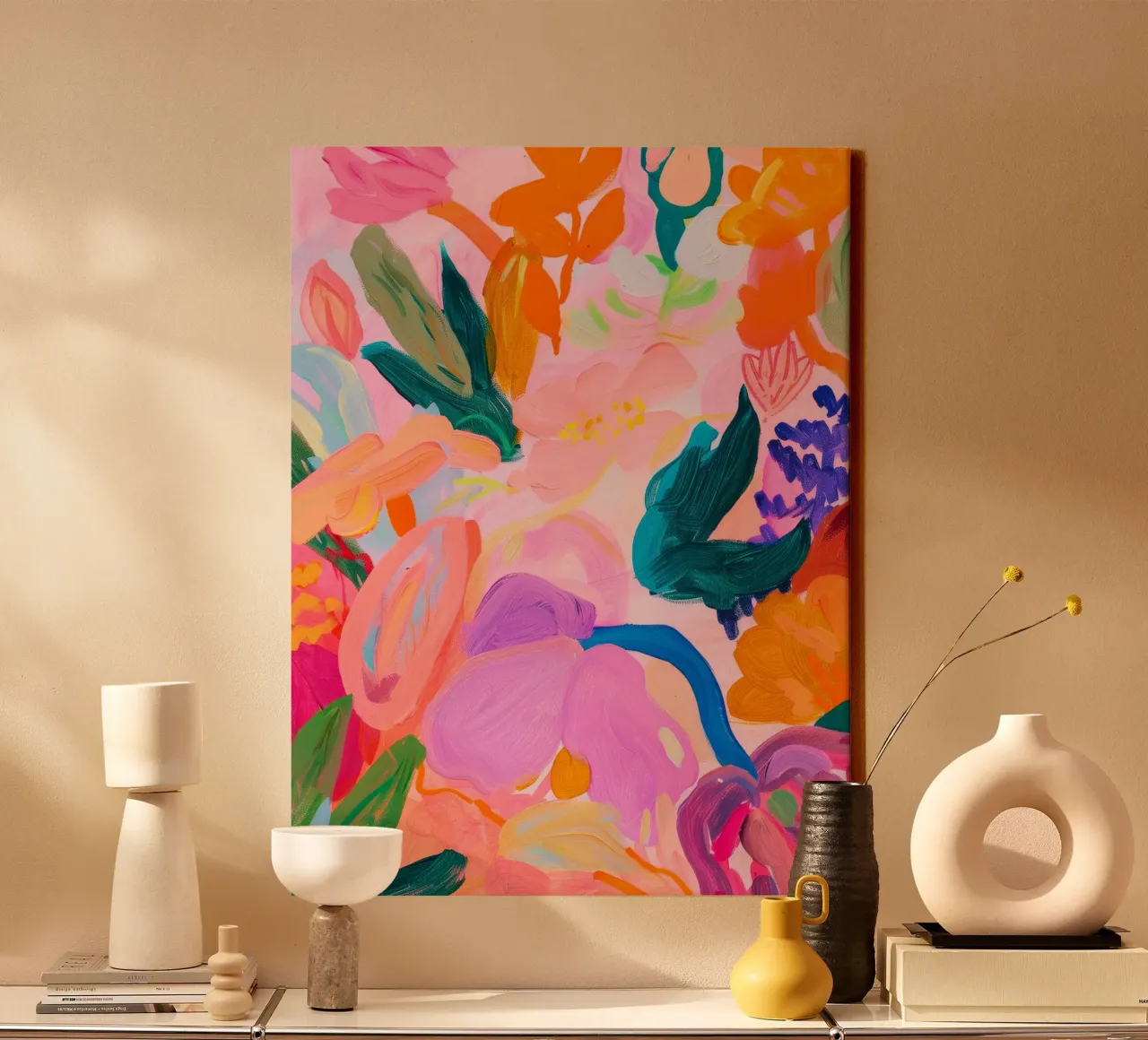 Levendige bloemenprint, kleurrijke abstracte bloemenposter canvas met Baklijst van Boheme