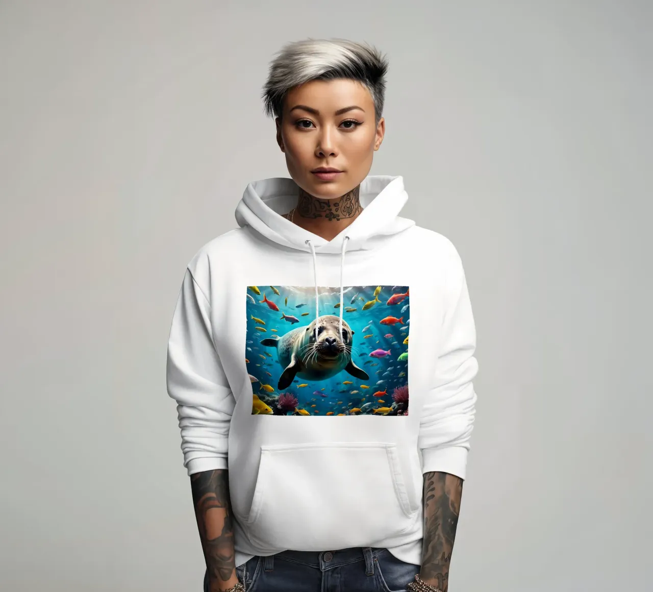 Immersione di una foca tra pesci colorati felpa con cappuccio da Wild Beauty