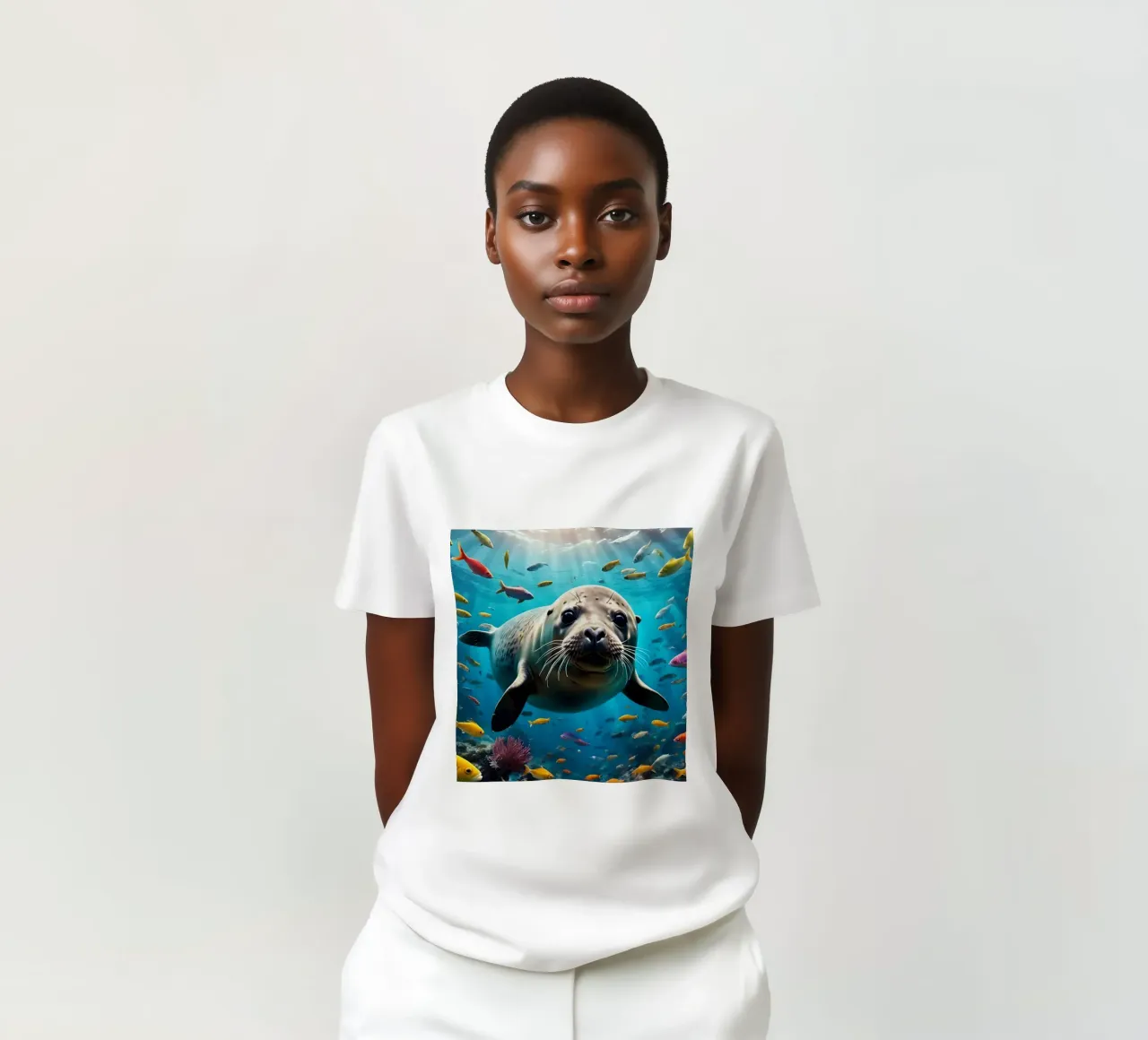 Immersione di una foca tra pesci colorati t-shirt da Wild Beauty