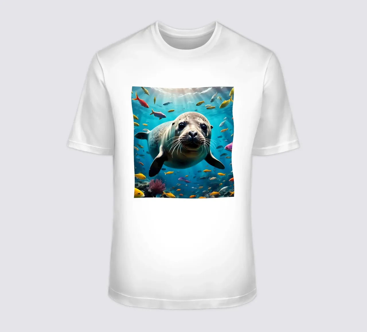 Immersione di una foca tra pesci colorati t-shirt da Wild Beauty
