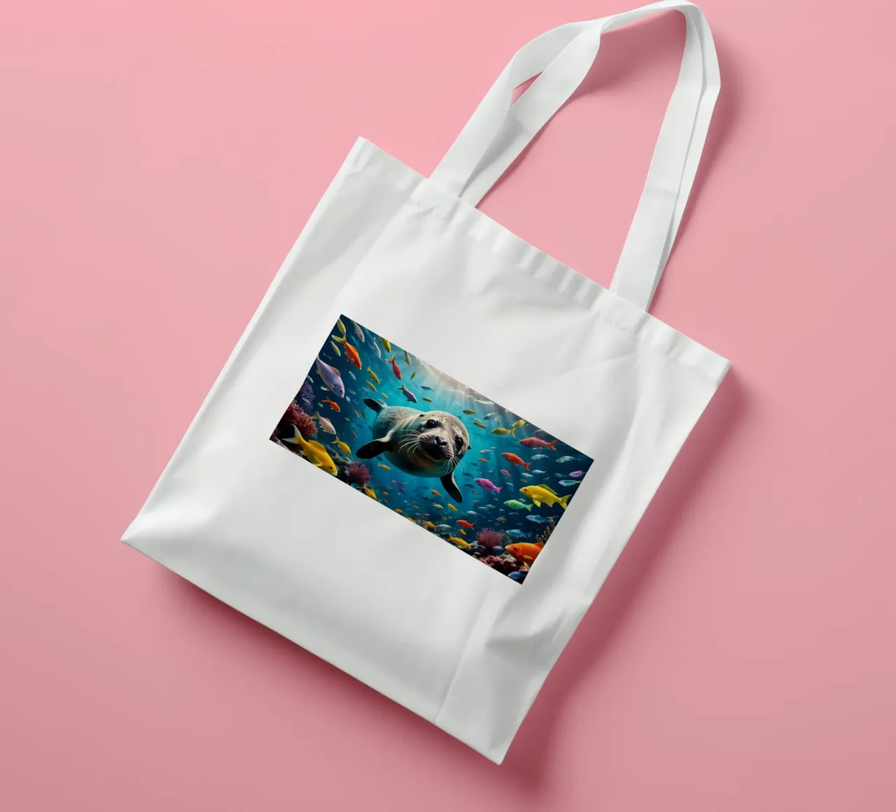 Immersione di una foca tra pesci colorati borsa in juta da Wild Beauty