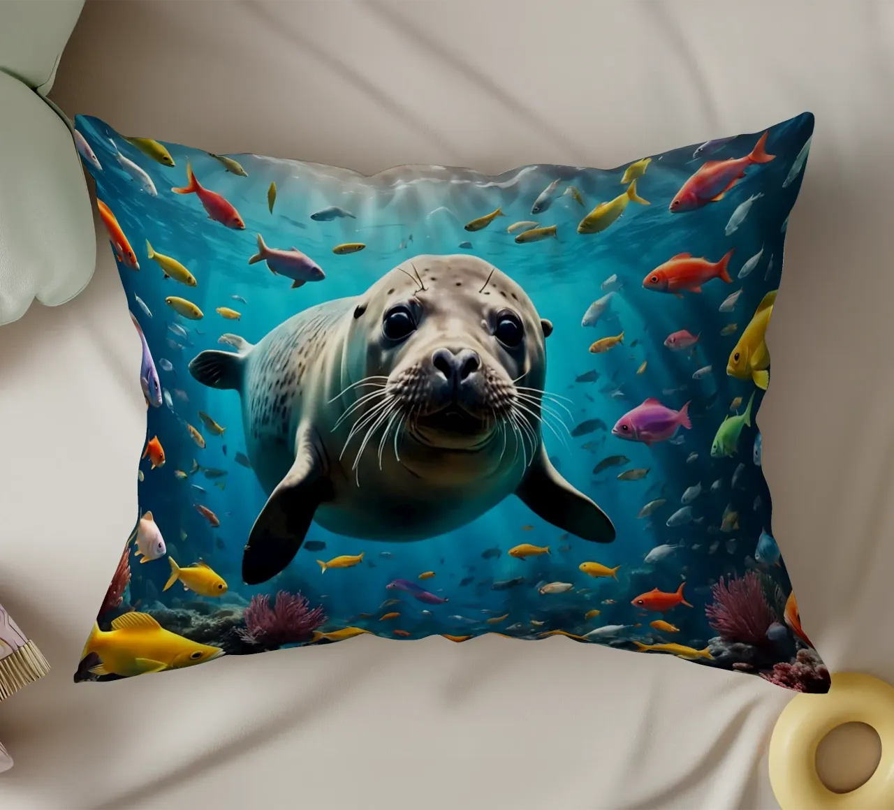 Immersione di una foca tra pesci colorati cuscino da Wild Beauty