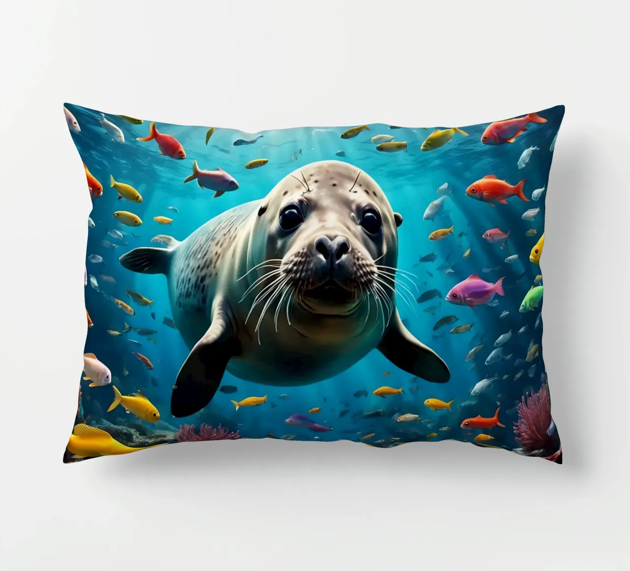 Immersione di una foca tra pesci colorati cuscino da Wild Beauty