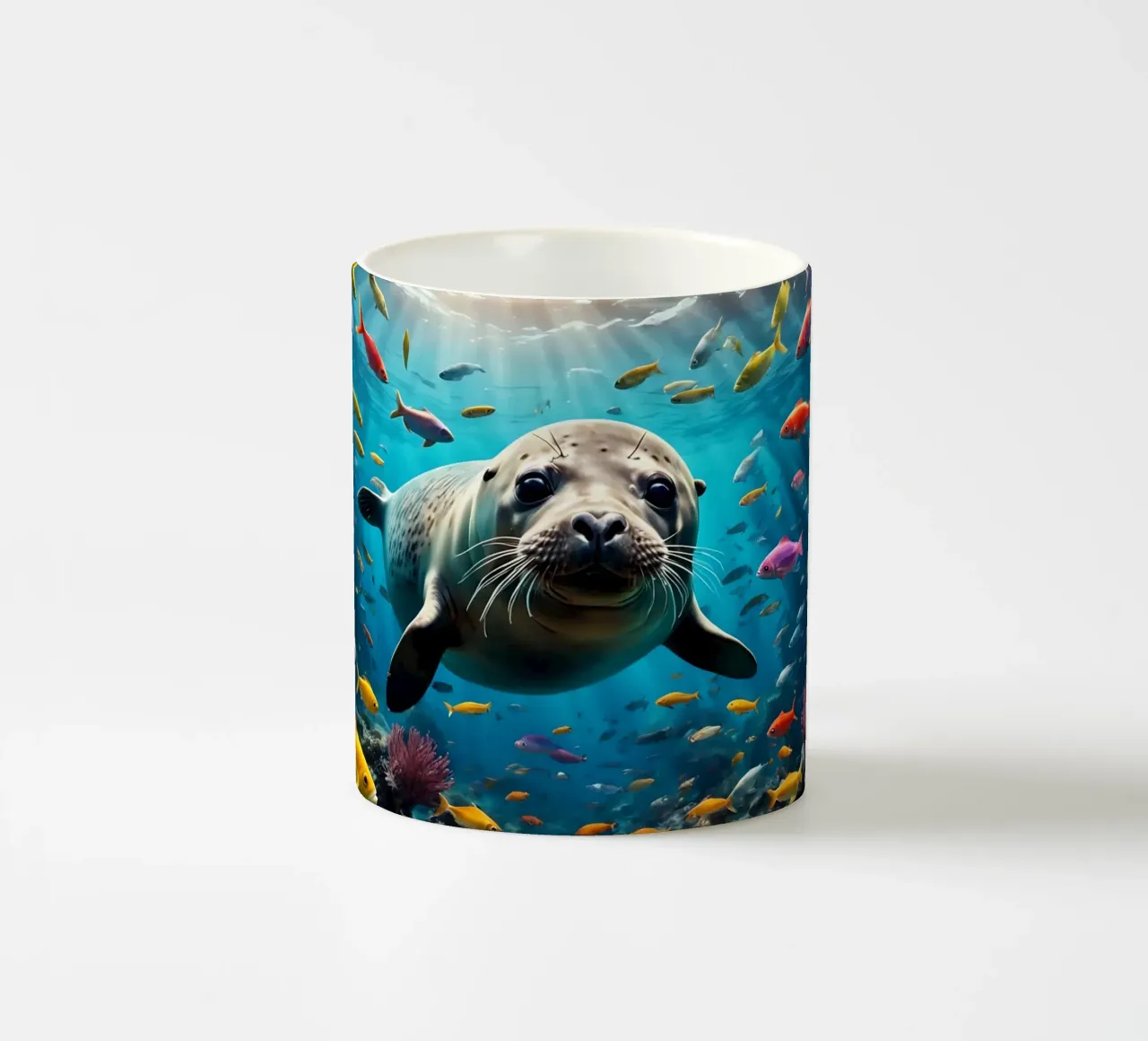 Immersione di una foca tra pesci colorati tazza in ceramica da Wild Beauty