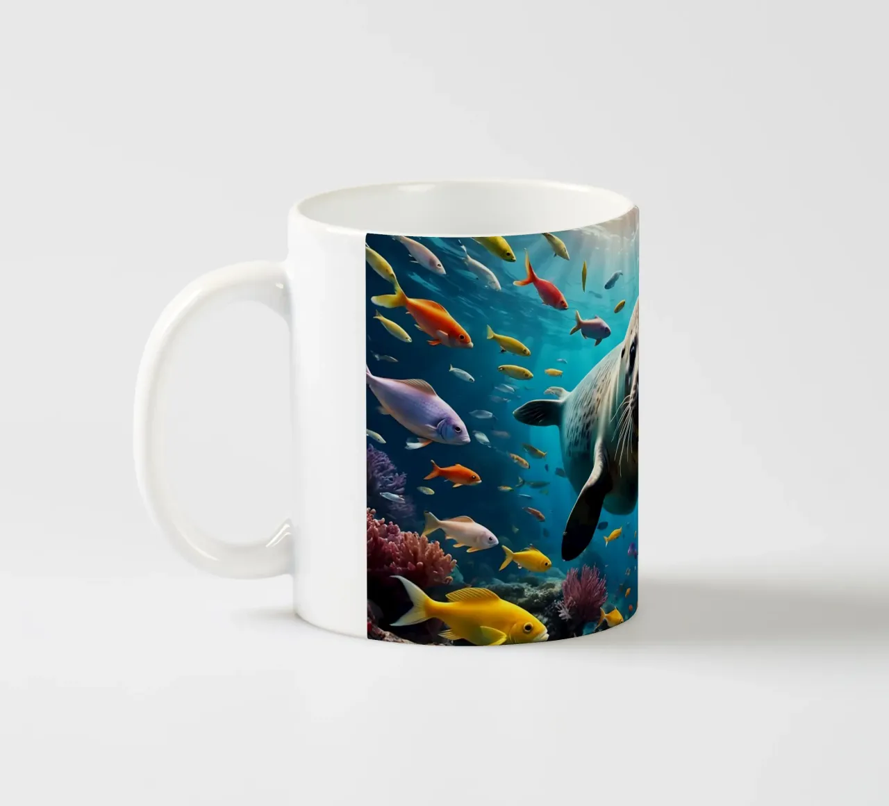 Immersione di una foca tra pesci colorati tazza in ceramica da Wild Beauty