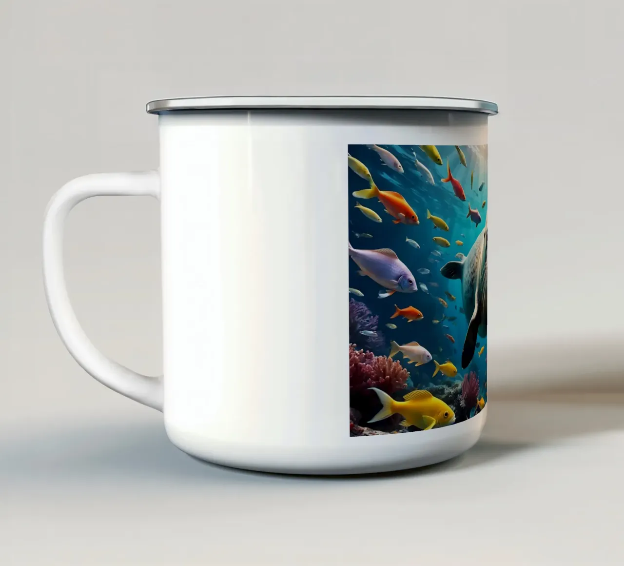 Immersione di una foca tra pesci colorati tazza in smalto da Wild Beauty