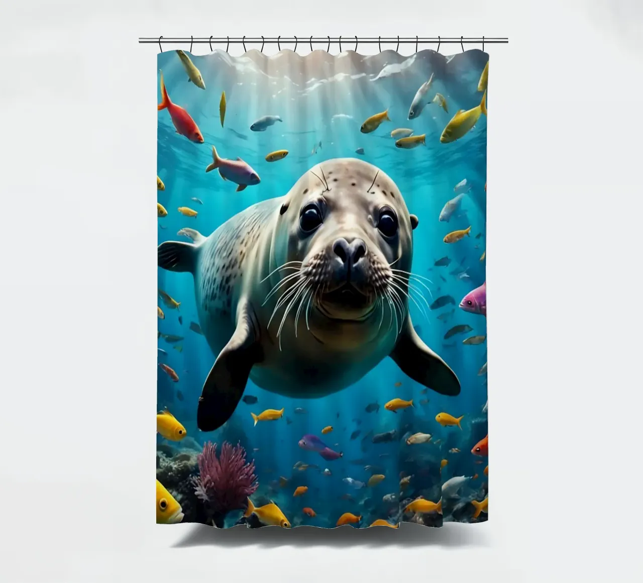 Immersione di una foca tra pesci colorati tenda da doccia da Wild Beauty
