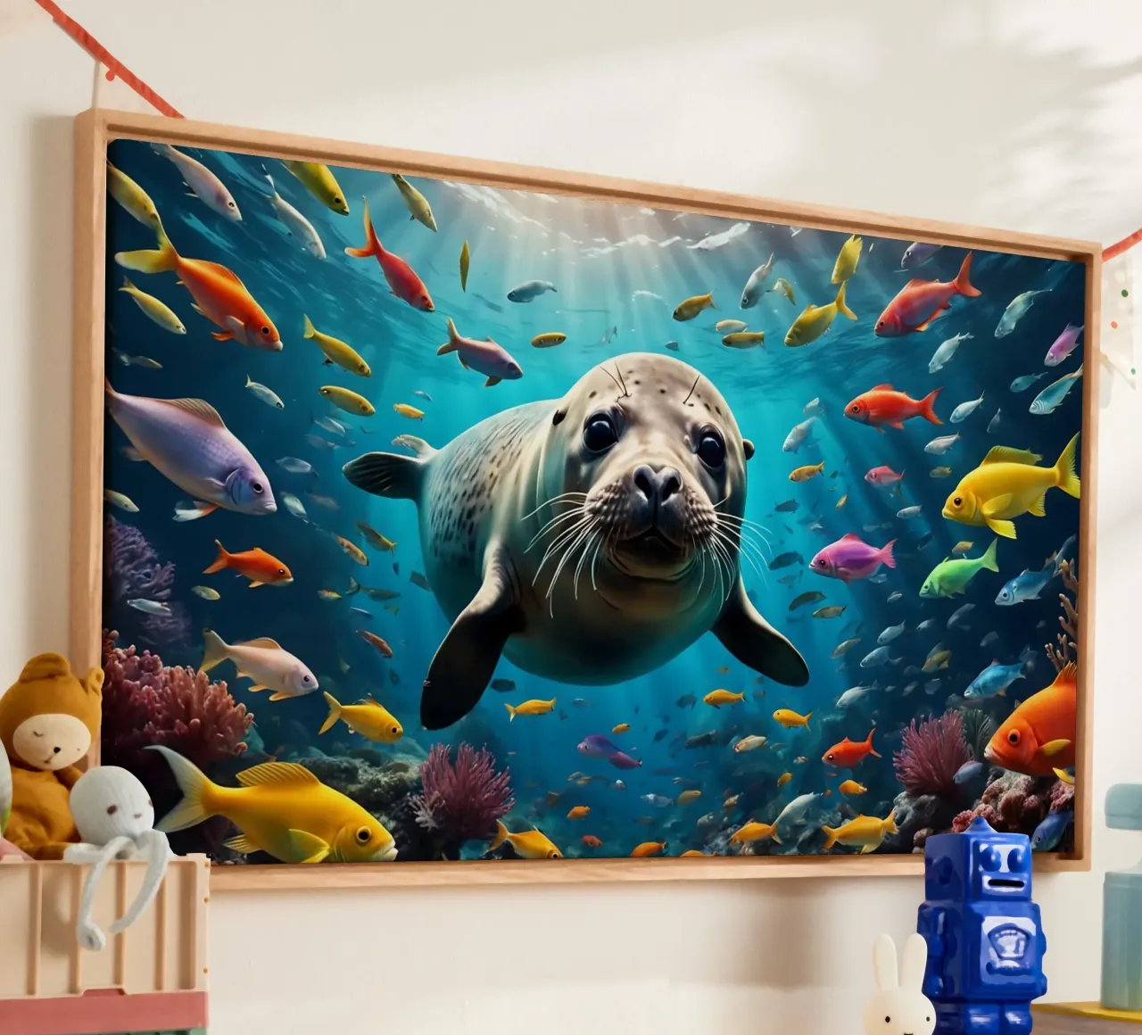 Immersione di una foca tra pesci colorati tela da Wild Beauty