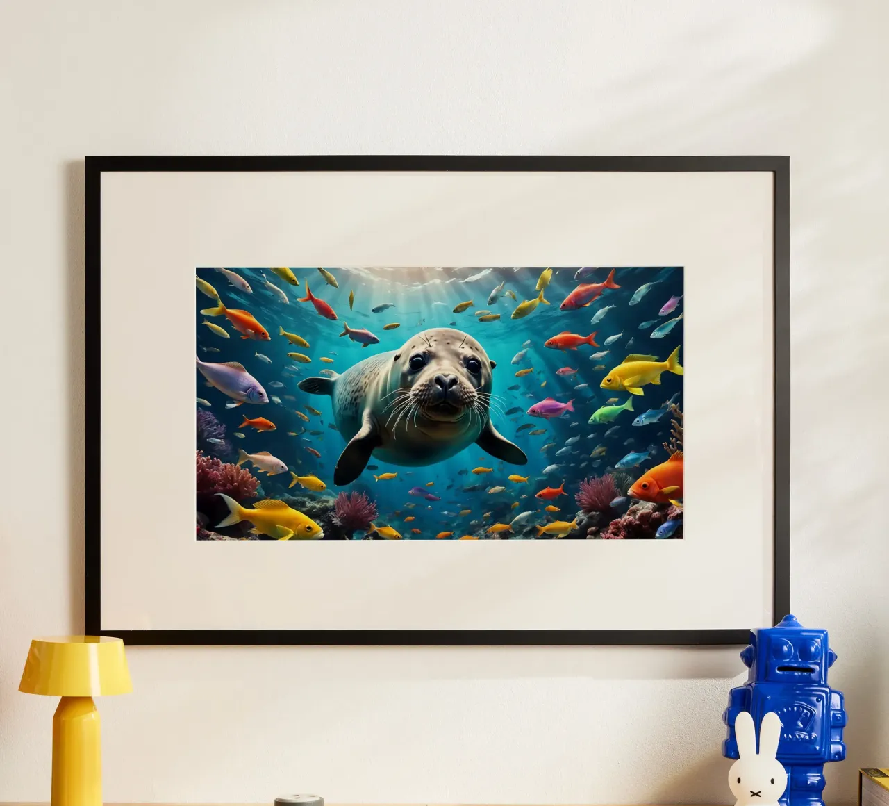 Immersione di una foca tra pesci colorati carta hahnemühle da Wild Beauty