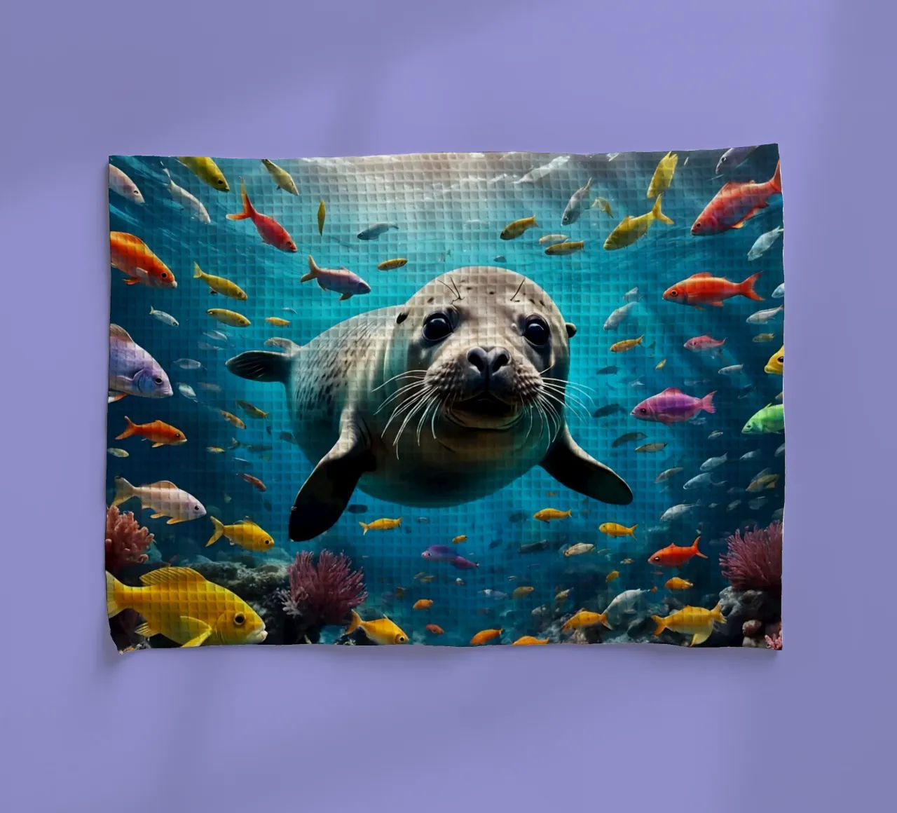 Immersione di una foca tra pesci colorati canovaccio da cucina da Wild Beauty