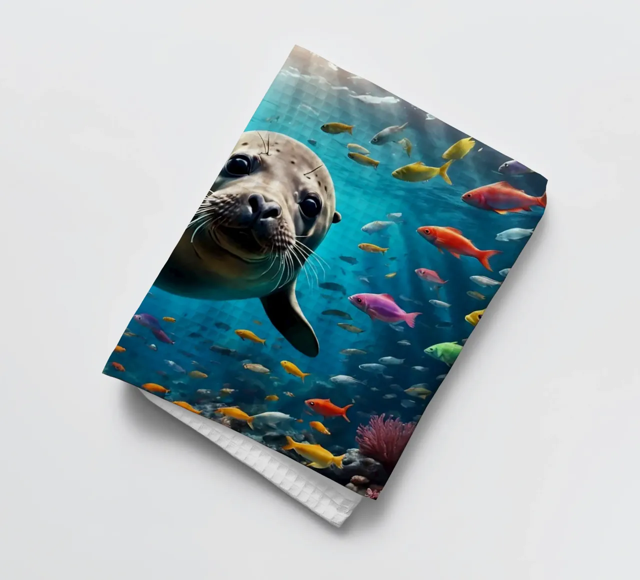 Immersione di una foca tra pesci colorati canovaccio da cucina da Wild Beauty