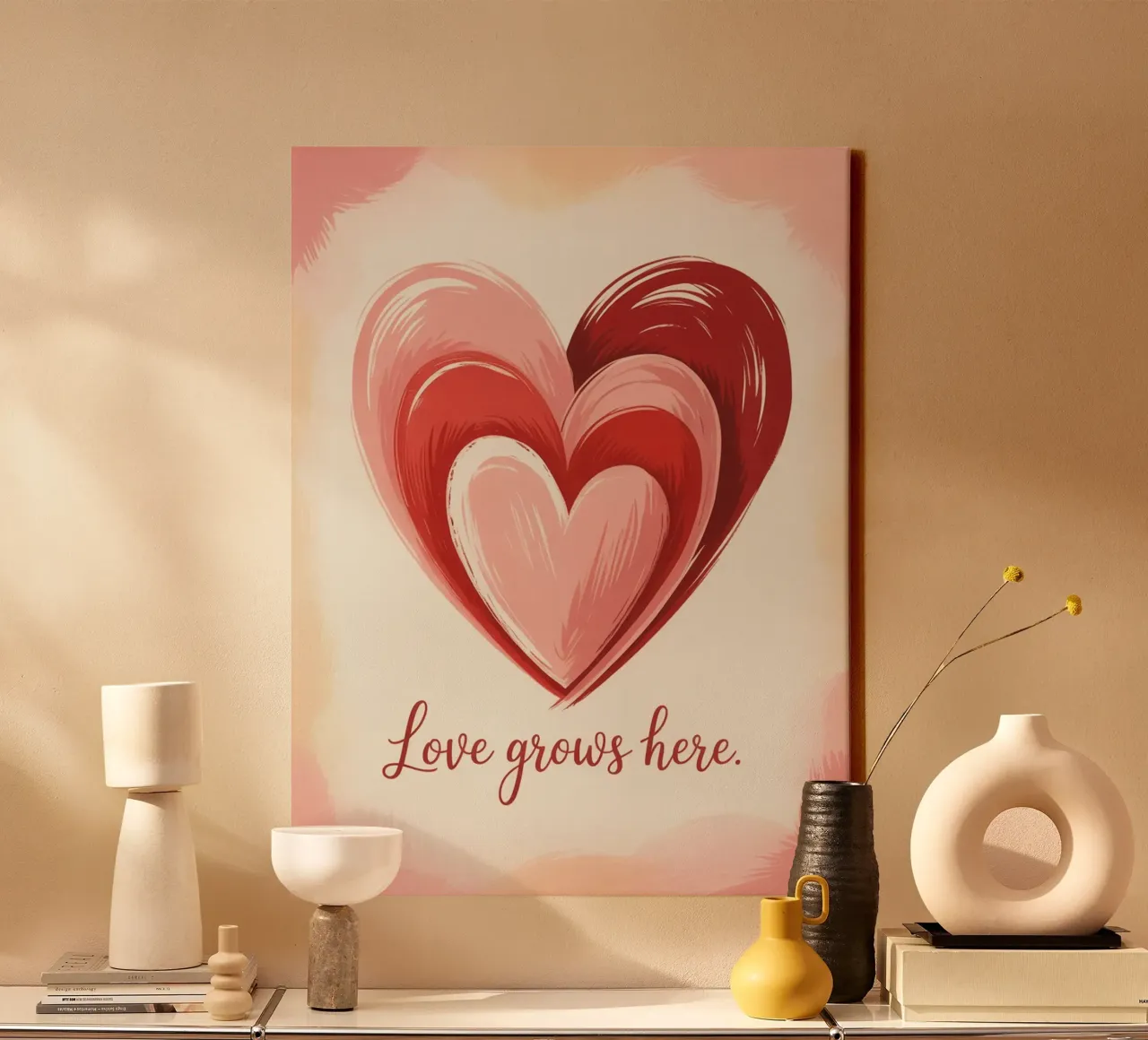 Liefde Groeit Hier - Romantische Handgetekende Harten Illustratie canvas met Baklijst van logic