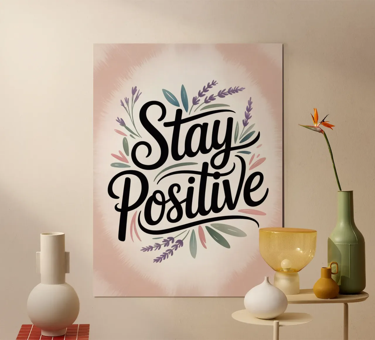 Blijf Positief - Handgetekende Botanische Motivatie Print poster met houten frame van logic