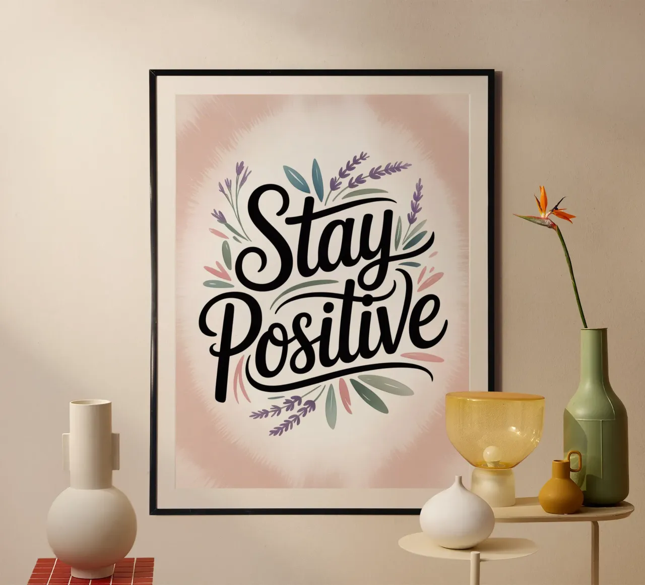 Blijf Positief - Handgetekende Botanische Motivatie Print poster met houten frame van logic