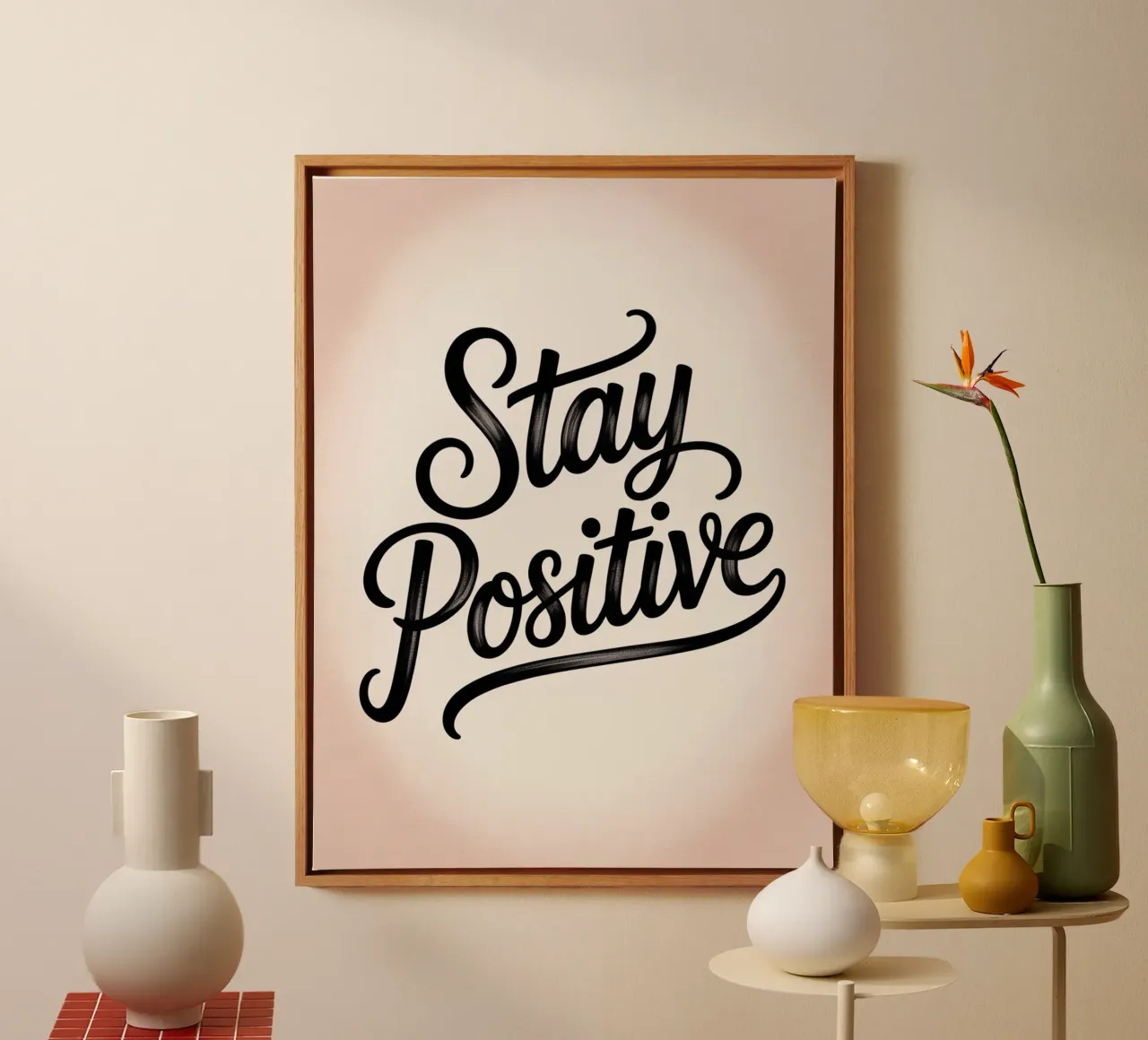 Blijf Positief - Elegante Minimal Muurkunst met Handlettering canvas met Baklijst van logic