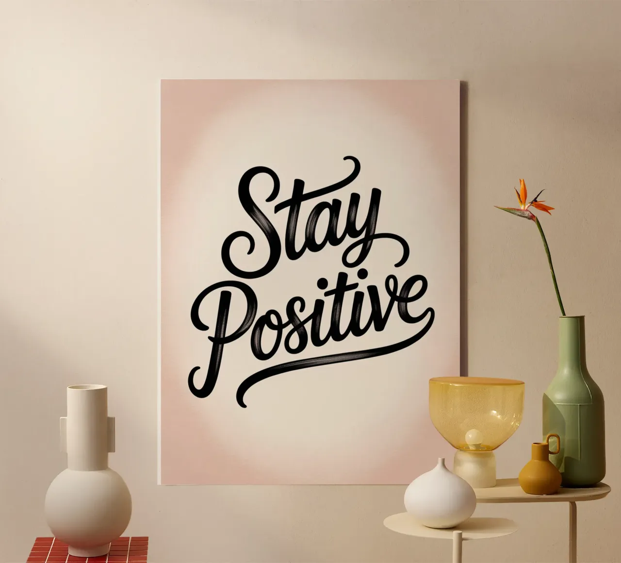 Blijf Positief - Elegante Minimal Muurkunst met Handlettering canvas met Baklijst van logic