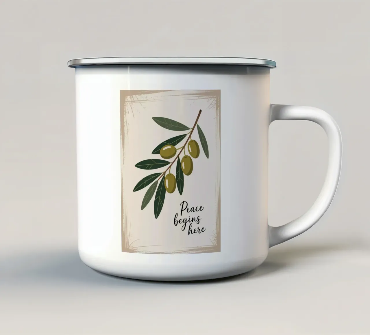 Vrede begint hier - Handgetekende Olijftak Botanische Print emaille mok van logic