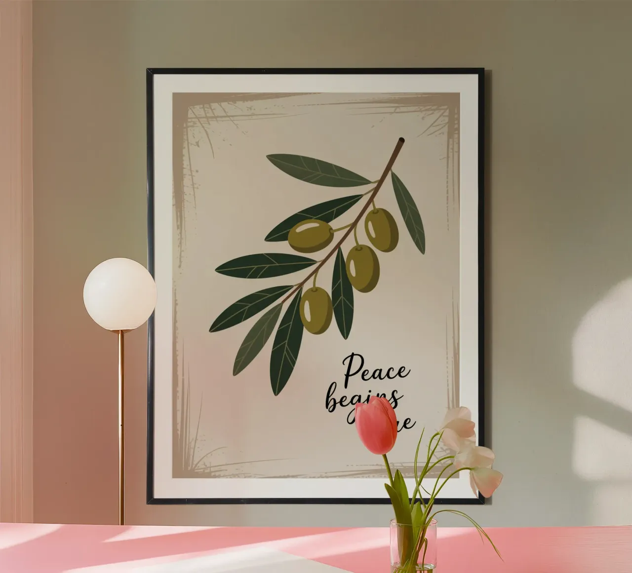 Peace Begins Here — Hand Drawn Olive Branch Botanical Print poster by logic