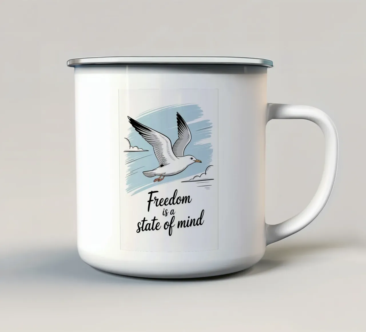 Freedom Is a State of Mind — Hand Drawn Seagull Motivational enamel mug by logic