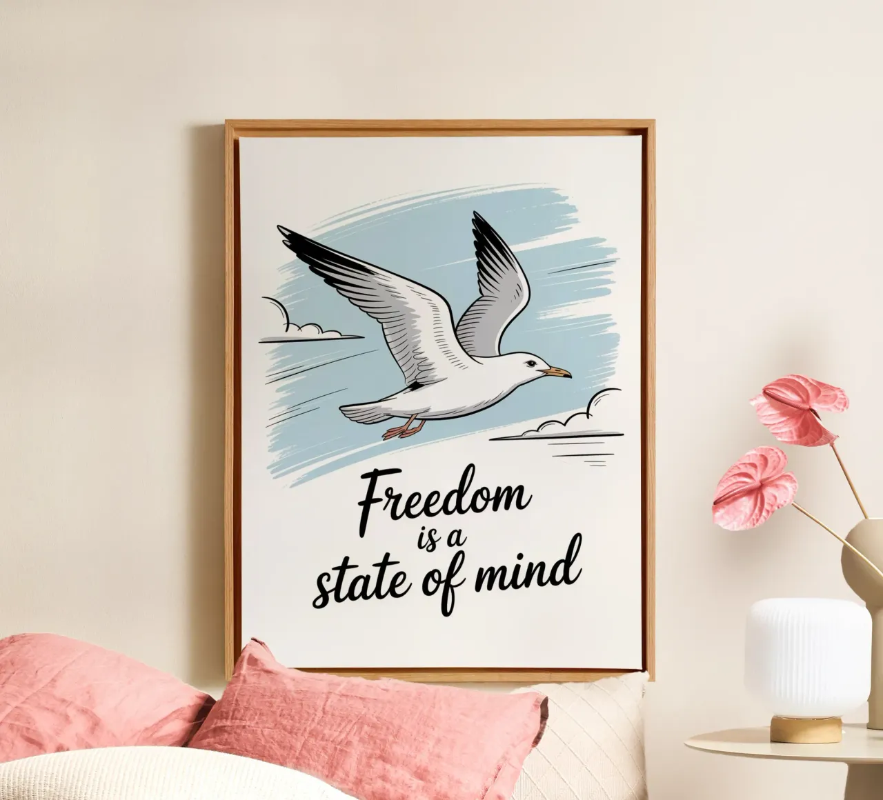La liberté est un état d'esprit - Motivation par une mouette dessinée à la main toile avec Caisse américaine de logic