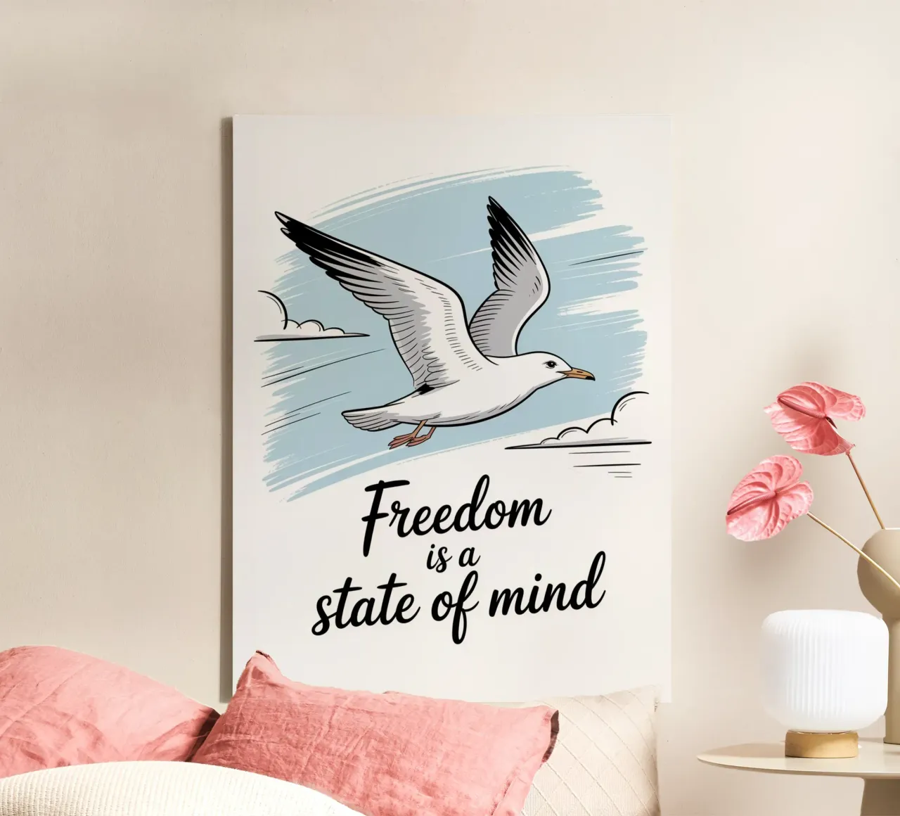 La liberté est un état d'esprit - Motivation par une mouette dessinée à la main toile avec Caisse américaine de logic