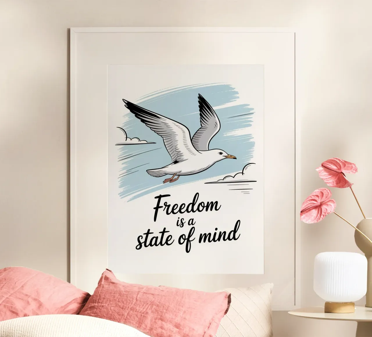La libertà è uno stato d'animo - Gabbiano disegnato a mano Motivational poster con telaio in legno da logic