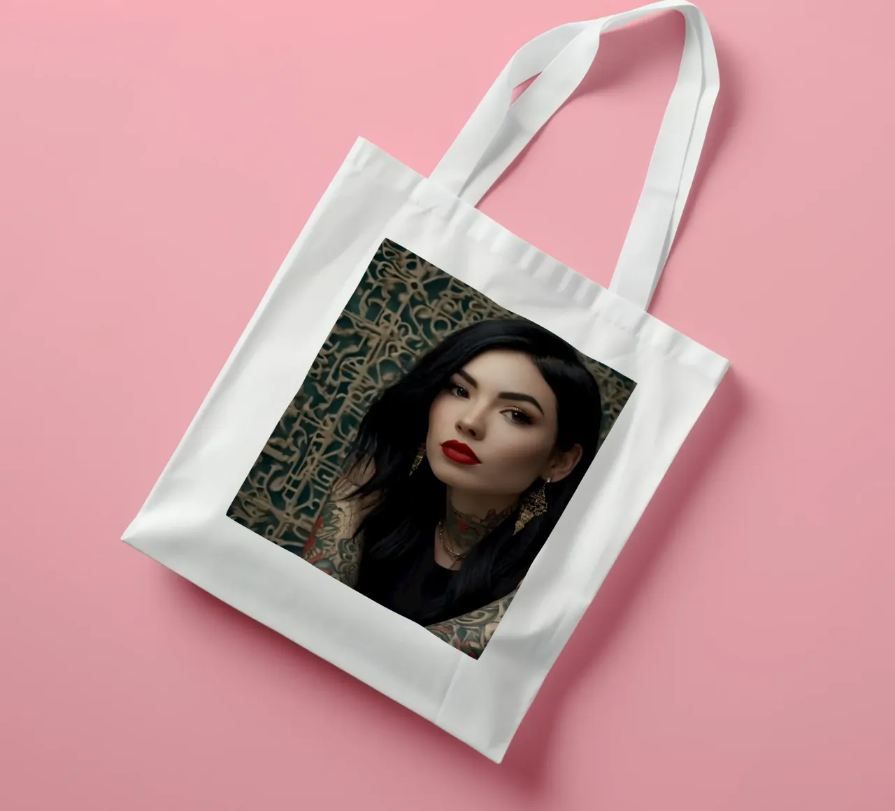 Una donna moderna con tatuaggi intricati posa contro un'immagine ornata. borsa in juta da DesignDoodle