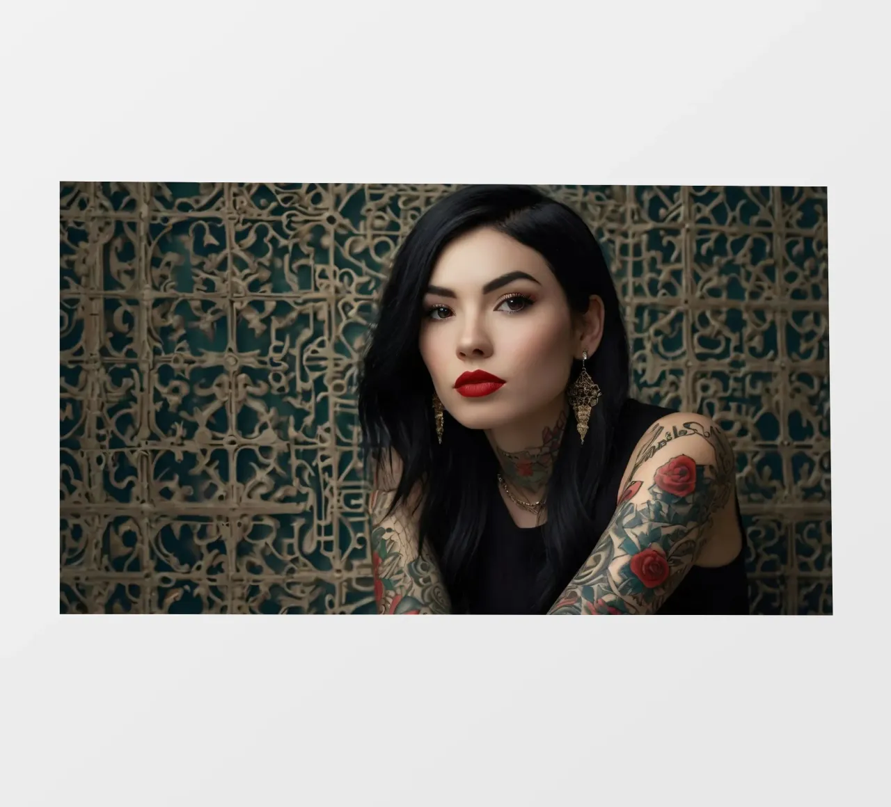 Una donna moderna con tatuaggi intricati posa contro un'immagine ornata. pellicola backlit da DesignDoodle