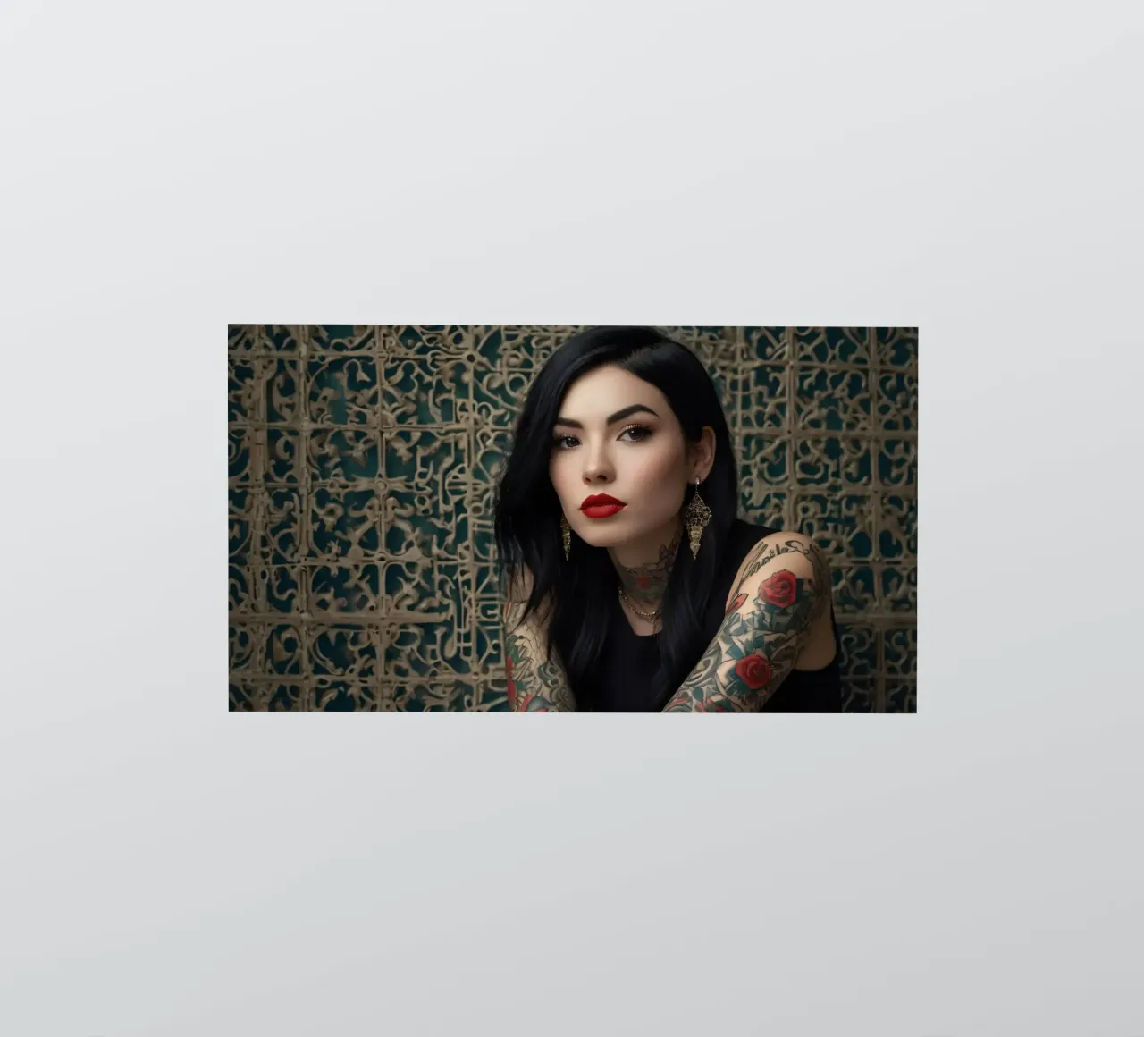 Une femme moderne aux tatouages complexes pose contre une toile ornée. autocollant de DesignDoodle