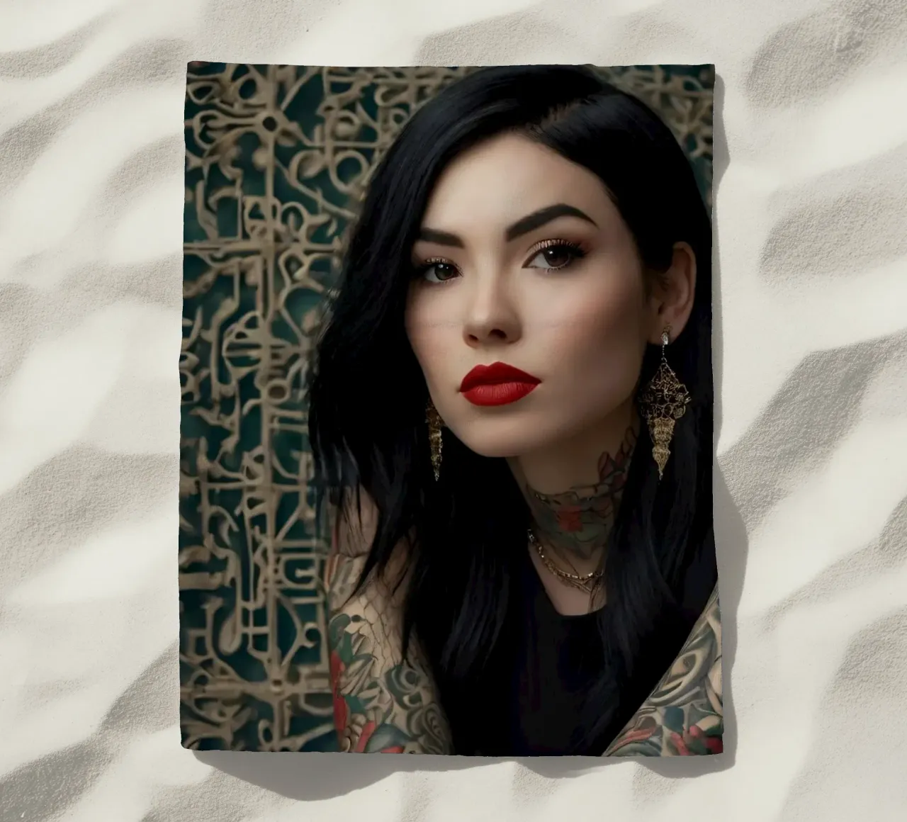 Una donna moderna con tatuaggi intricati posa contro un'immagine ornata. telo mare da DesignDoodle