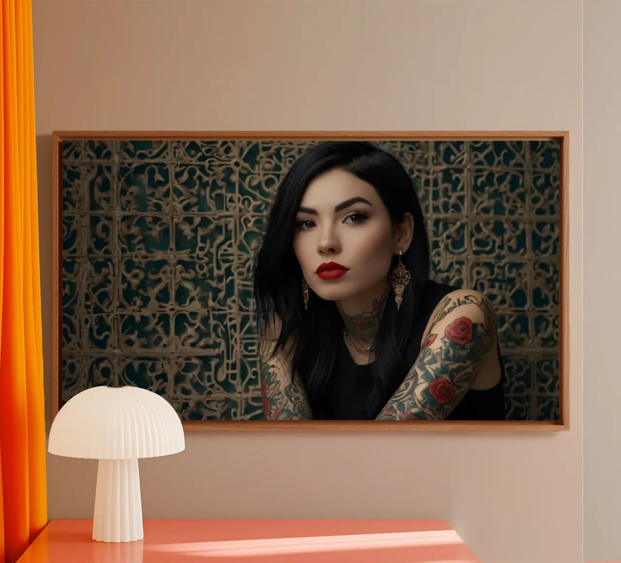 Una donna moderna con tatuaggi intricati posa contro un'immagine ornata. tela con Cornice a cassetta da DesignDoodle